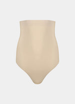 Still product image of Maxi Sexy Hi-Thong in latte, high-waist shaping thong. Smooth powerful fabric providing firm control for tummy, waist, and back, with seamless edges and silicone-trimmed waistband visible.