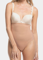 Front view cropped image of a model wearing Maxi Sexy Hi-Thong in mocha, high-waist shaping thong. Smooth powerful fabric providing firm control for tummy, waist, and back, with seamless edges and silicone-trimmed waistband visible.