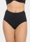 Front view cropped image of a model wearing Maxi Sexy Shaping Brief in black, high-waist shaping brief. Smooth strong recycled fabric providing firm control for tummy, waist, and back, with seamless edges for invisible wear under clothing.