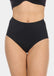 Front view cropped image of a model wearing Maxi Sexy Shaping Brief in black, high-waist shaping brief. Smooth strong recycled fabric providing firm control for tummy, waist, and back, with seamless edges for invisible wear under clothing.
