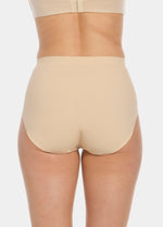Back view of a model wearing Maxi Sexy Shaping Brief in latte, high-waist shaping brief. Smooth strong recycled fabric providing firm control for lower back and waist, with seamless edges for invisible wear.
