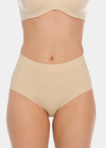 Front view close-up of a model wearing Maxi Sexy Shaping Brief in latte, high-waist shaping brief. Smooth strong recycled fabric providing firm control for tummy and waist, with seamless edges and midsection details visible.