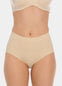 Front view close-up of a model wearing Maxi Sexy Shaping Brief in latte, high-waist shaping brief. Smooth strong recycled fabric providing firm control for tummy and waist, with seamless edges and midsection details visible.