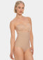 Woman wearing a beige hi-brief on a white background