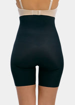 Black shapewear Hi-Bermuda worn over a beige bra on a white background