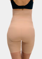 Beige shapewear Hi-Bermuda worn under a black bra on a white background