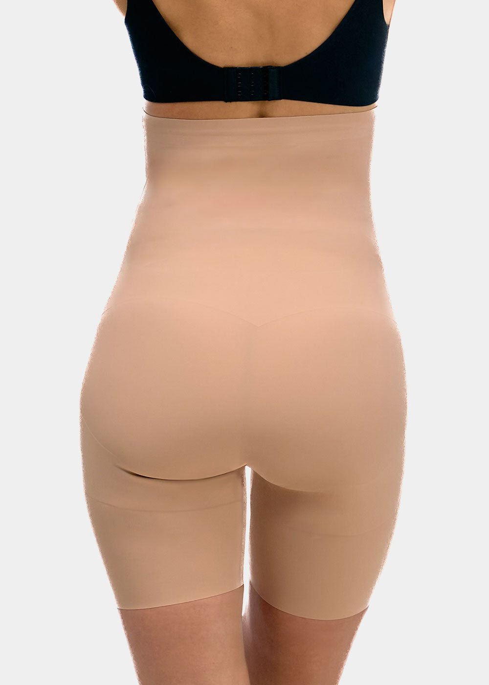 Beige shapewear Hi-Bermuda worn under a black bra on a white background