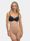 Woman wearing a navy bra and beige shapewear Hi-Bermuda on a white background