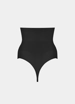 Black high waist thong on a light gray background