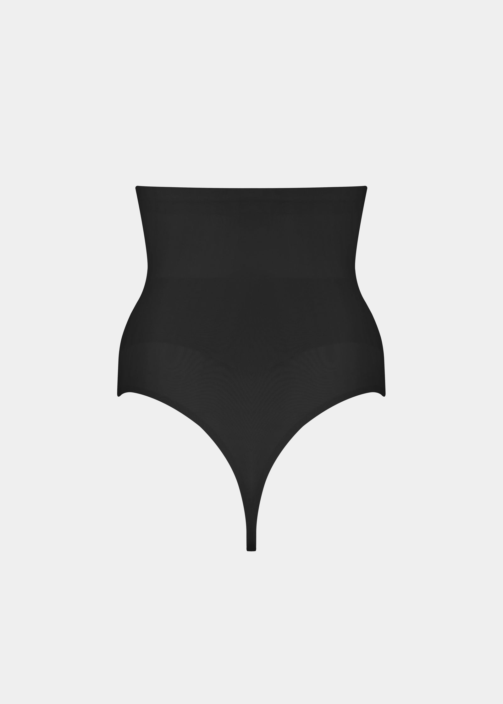 Black high waist thong on a light gray background