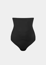 Black high-waisted thong on a light gray background