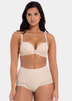Latte mid-waist shaping brief worn by a model in a front-facing standing position, featuring firm lower tummy and back shaping with built-in powernet support, smooth strong breathable fabric, flat invisible lace, and cotton gusset lining.