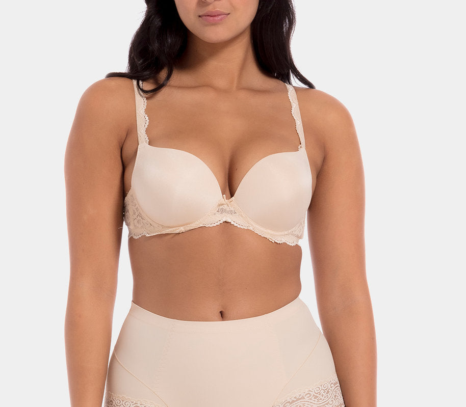 Latte mid-waist shaping brief worn by a model in a front-facing standing position, featuring firm lower tummy and back shaping with built-in powernet support, smooth strong breathable fabric, flat invisible lace, and cotton gusset lining.