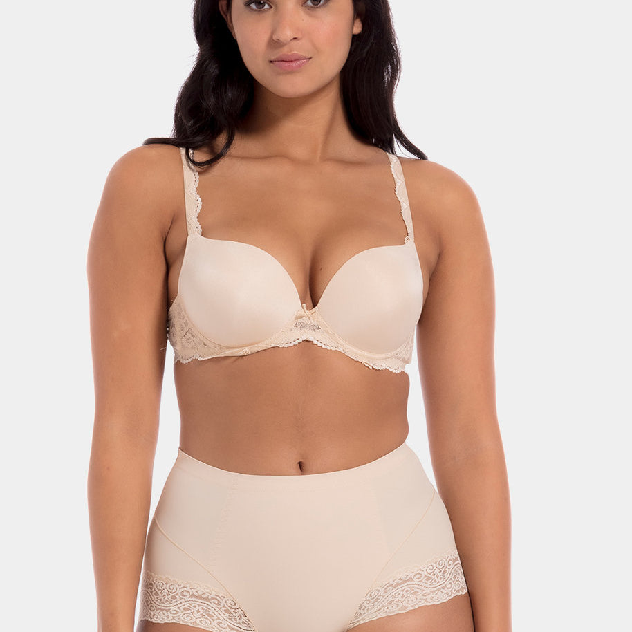 Latte mid-waist shaping brief worn by a model in a front-facing standing position, featuring firm lower tummy and back shaping with built-in powernet support, smooth strong breathable fabric, flat invisible lace, and cotton gusset lining.