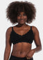 Front view of a model wearing Mama Lace Bralette in black, seamless wire-free nursing bra. Stretch fabric cups with removable pads, clip-down cups for nursing, adjustable straps, and lace trim along the cup edges visible.