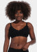 Front view of a model wearing Mama Lace Bralette in black, seamless wire-free nursing bra. Stretch fabric cups with removable pads, clip-down cups for nursing, adjustable straps, and lace trim along the cup edges visible.