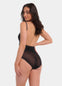 Back view of a model wearing Sheer & Sexy Shaping Body in black, low-back figure-sculpting bodybriefer. Smooth fabric with sheer mesh panels, medium shaping for lower back and hips, adjustable and removable straps, and hook-and-eye closure at the gusset visible.