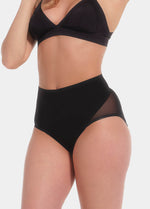 Front view cropped image of a model wearing Sheer & Sexy Brief in black, mid-waist shaping brief. Smooth fabric with sheer mesh panels, medium shaping for tummy and lower back, and special lift zone at the buttocks visible.