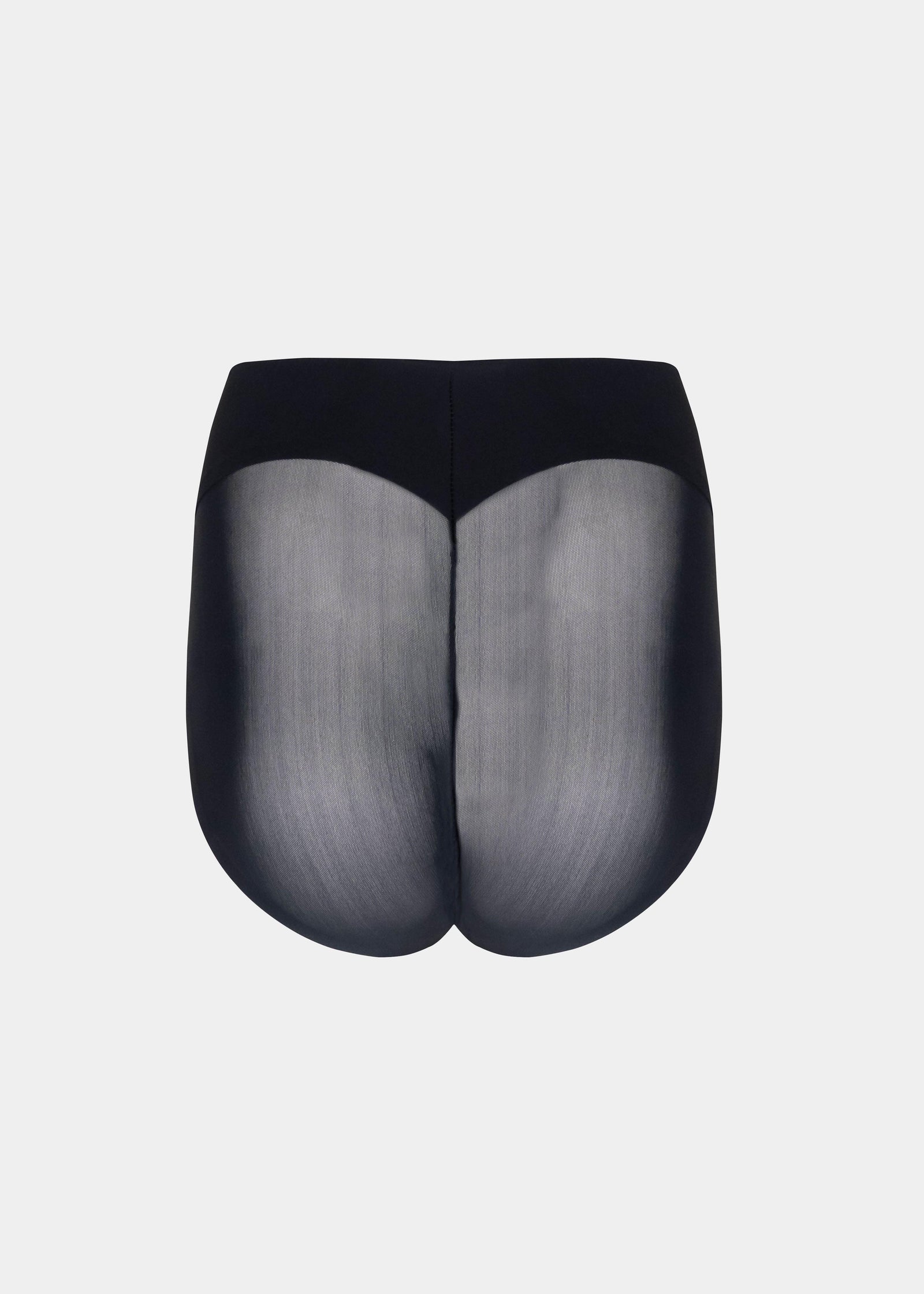 Still product image of Sheer & Sexy Brief in black shown from the back. Mid-waist shaping brief with smooth fabric, sheer mesh panels, and special lift zone at the buttocks, featuring seamless edges for invisible wear.