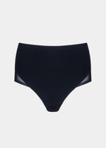 Still product image of Sheer & Sexy Brief in black, mid-waist shaping brief. Smooth fabric with sheer mesh panels, medium shaping for tummy and lower back, and special lift zone at the buttocks, with seamless edges for invisible wear.