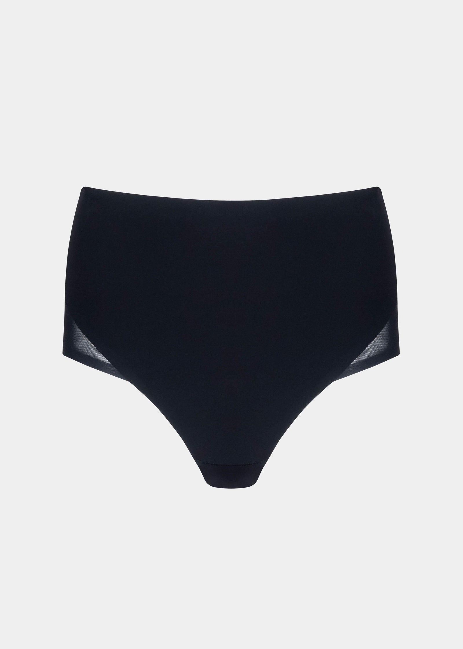 Still product image of Sheer & Sexy Brief in black, mid-waist shaping brief. Smooth fabric with sheer mesh panels, medium shaping for tummy and lower back, and special lift zone at the buttocks, with seamless edges for invisible wear.