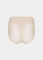 Still product image of Sheer & Sexy Brief in latte shown from the back. Mid-waist shaping brief with smooth fabric, sheer mesh panels, and subtle lift zone at the buttocks, featuring seamless edges for invisible wear.