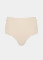 Still product image of Sheer & Sexy Brief in latte, mid-waist shaping brief. Smooth fabric with sheer mesh panels, medium shaping for tummy and lower back, and subtle lift zone at the buttocks, with seamless edges for invisible wear.