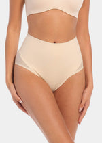 Front view of a model wearing Sheer & Sexy Brief in latte, mid-waist shaping brief. Smooth fabric with sheer mesh panels, medium shaping for tummy and lower back, and special lift zone at the buttocks visible.