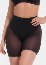 Front view cropped image of a model wearing Sheer & Sexy Shaping Short in black, mid-waist shaping shorts. Smooth fabric with sheer mesh panels, medium shaping for tummy and lower back, and special lift zone at the buttocks visible.