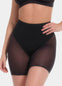 Front view cropped image of a model wearing Sheer & Sexy Shaping Short in black, mid-waist shaping shorts. Smooth fabric with sheer mesh panels, medium shaping for tummy and lower back, and special lift zone at the buttocks visible.