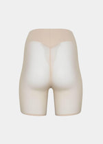 Still product image of Sheer & Sexy Shaping Short in latte shown from the back. Mid-waist shaping shorts with smooth fabric, sheer mesh panels, and special lift zone at the buttocks, featuring seamless edges for invisible wear.