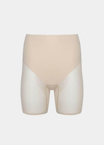 Still product image of Sheer & Sexy Shaping Short in latte, mid-waist shaping shorts. Smooth fabric with sheer mesh panels, medium shaping for tummy and lower back, and special lift zone at the buttocks, with seamless edges for invisible wear.
