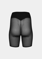 Still product image of Sheer & Sexy Shaping Short in black shown from the back. Mid-waist shaping shorts with smooth fabric, sheer mesh panels, and special lift zone at the buttocks, featuring seamless edges for invisible wear.