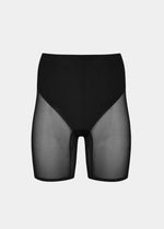 Still product image of Sheer & Sexy Shaping Short in black, mid-waist shaping shorts. Smooth fabric with sheer mesh panels, medium shaping for tummy and lower back, and special lift zone at the buttocks, with seamless edges for invisible wear.