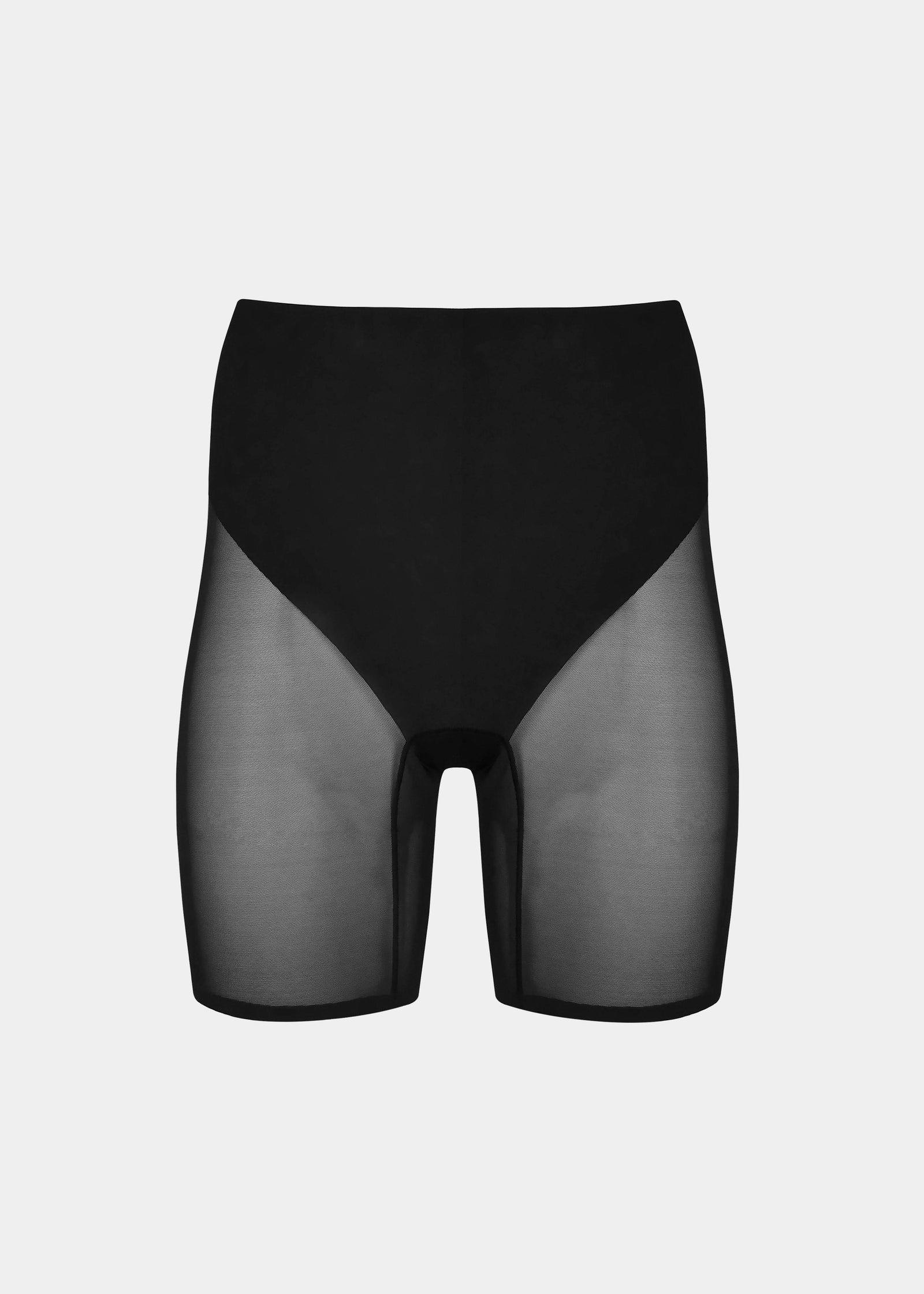 Still product image of Sheer & Sexy Shaping Short in black, mid-waist shaping shorts. Smooth fabric with sheer mesh panels, medium shaping for tummy and lower back, and special lift zone at the buttocks, with seamless edges for invisible wear.