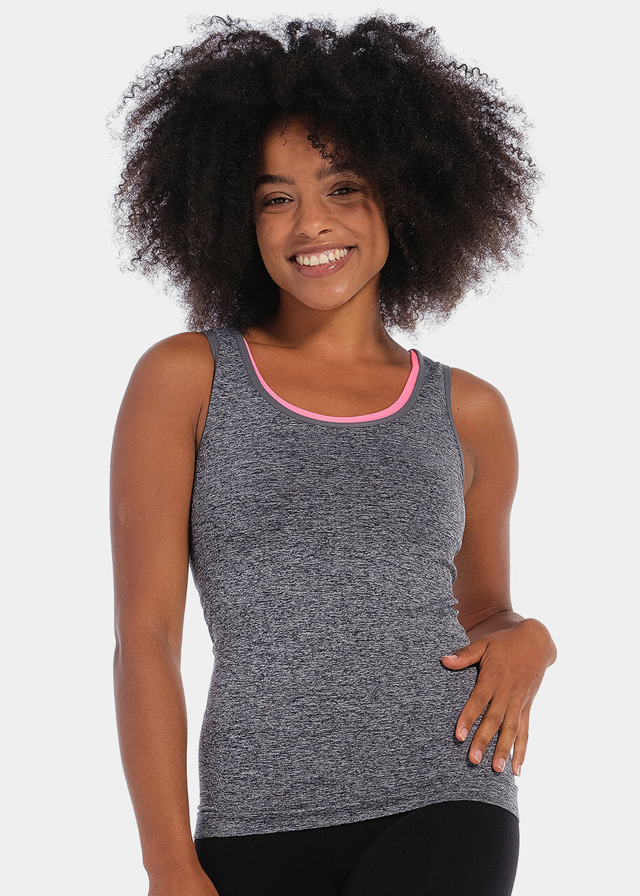 A woman wearing a gray Active Bra Top with pink trim.
