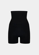 Still product image of Comfort Shaper in black, high-waist seamless shaping shorts. Smooth stretchable fabric with medium shaping for tummy, waist, back, and thighs, featuring silicone trim at waistband and leg openings and a reinforced zone to lift the bottom.