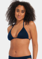This image features a stylish and versatile triangle bikini top, presented in a classic black color. The top is designed with thin straps, providing a flattering fit and exposure.
