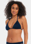 This image features a stylish and versatile triangle bikini top, presented in a classic black color. The top is designed with thin straps, providing a flattering fit and exposure.