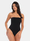 Front view of a model wearing the black Bandeau Thong Body, featuring a seamless, wireless bandeau design with built-in bust support, medium shaping through the waist and tummy, and a smooth, strapless silhouette.