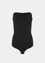 Still front product view of the black Bandeau Thong Body, highlighting the seamless bandeau neckline with silicone trim, built-in bust support, medium shaping through the waist and tummy, and a smooth, wireless finish.