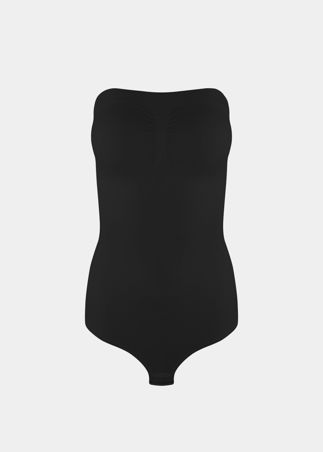 Still front product view of the black Bandeau Thong Body, highlighting the seamless bandeau neckline with silicone trim, built-in bust support, medium shaping through the waist and tummy, and a smooth, wireless finish.