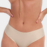 A latte thong underwear featuring smooth, seamless fabric with laser-cut edges, and a cotton crotch lining.
