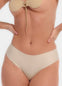 A latte thong underwear featuring smooth, seamless fabric with laser-cut edges, and a cotton crotch lining.