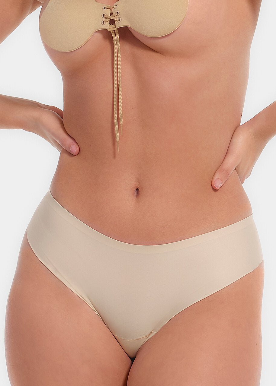 A latte thong underwear featuring smooth, seamless fabric with laser-cut edges, and a cotton crotch lining.