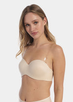 Front view of a model wearing a bra with removable transparent silicone straps, featuring adjustable clear 15-millimeter-wide straps that provide a seamless, discreet look under clothing.