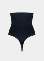 Still product image of Maxi Sexy Hi-Thong in black shown from the back. High-waist shaping thong with smooth powerful fabric, firm control for lower back and waist, seamless edges, and silicone-trimmed waistband visible.