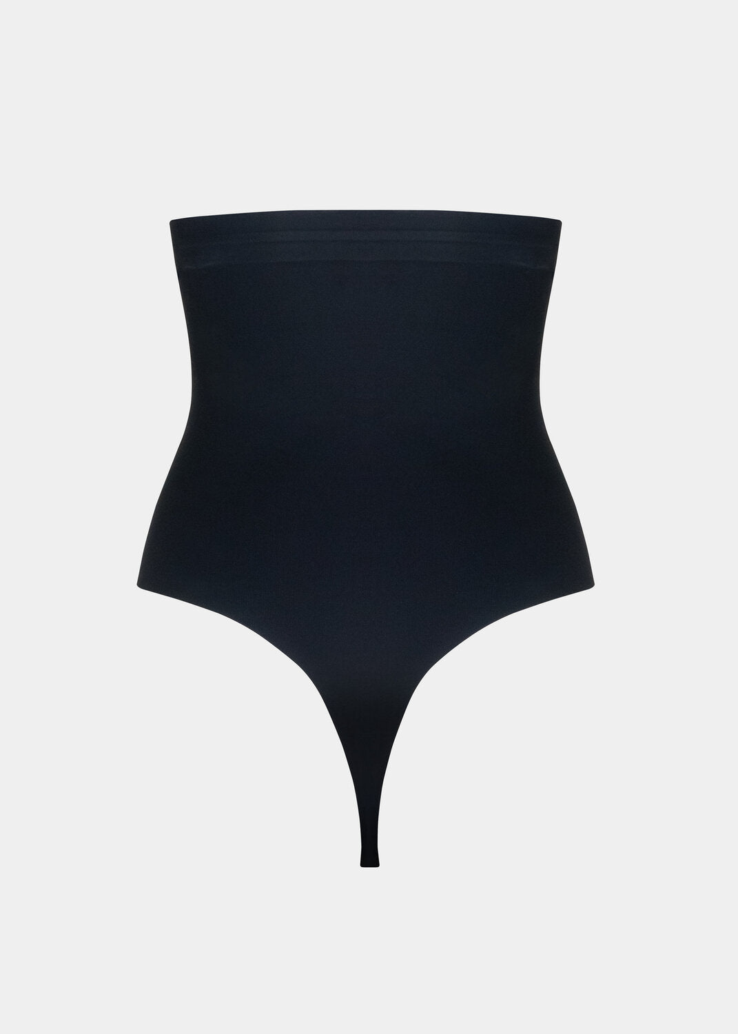 Still product image of Maxi Sexy Hi-Thong in black shown from the back. High-waist shaping thong with smooth powerful fabric, firm control for lower back and waist, seamless edges, and silicone-trimmed waistband visible.