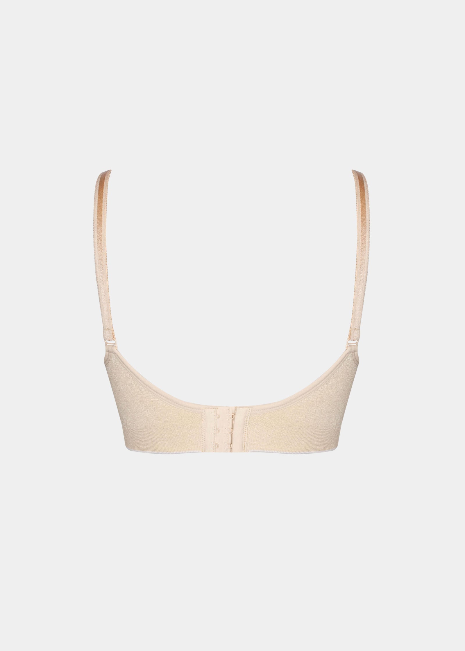 Still product image of Fancy Mama Nursing Bra in latte and white shown from the back. Seamless wire-free nursing bras with adjustable straps, hook-and-eye closures, and smooth fabric back panels.