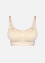 Still product image of Fancy Mama Nursing Bra in latte and white, seamless wire-free nursing bras. Clip-down cups, adjustable straps, and decorative print with lace trim along cup edges visible.